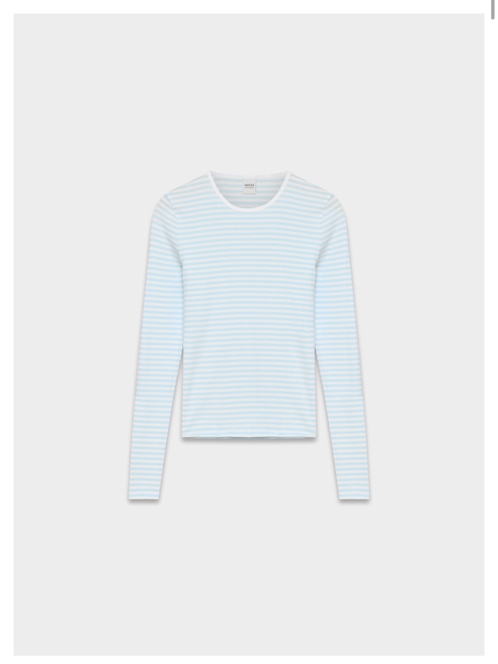 Aritzia Long-Sleeve Crewneck Tee in Pale Blue & White Stripes